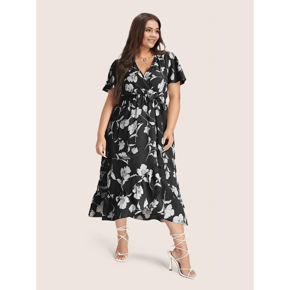 Plus Size Floral Ruffle Knot Side Wrap Dress BlackFlower Women Elegant Ruffles V-neck Short sleeve Curvy Midi Dress BloomChic 20/2X Product Image
