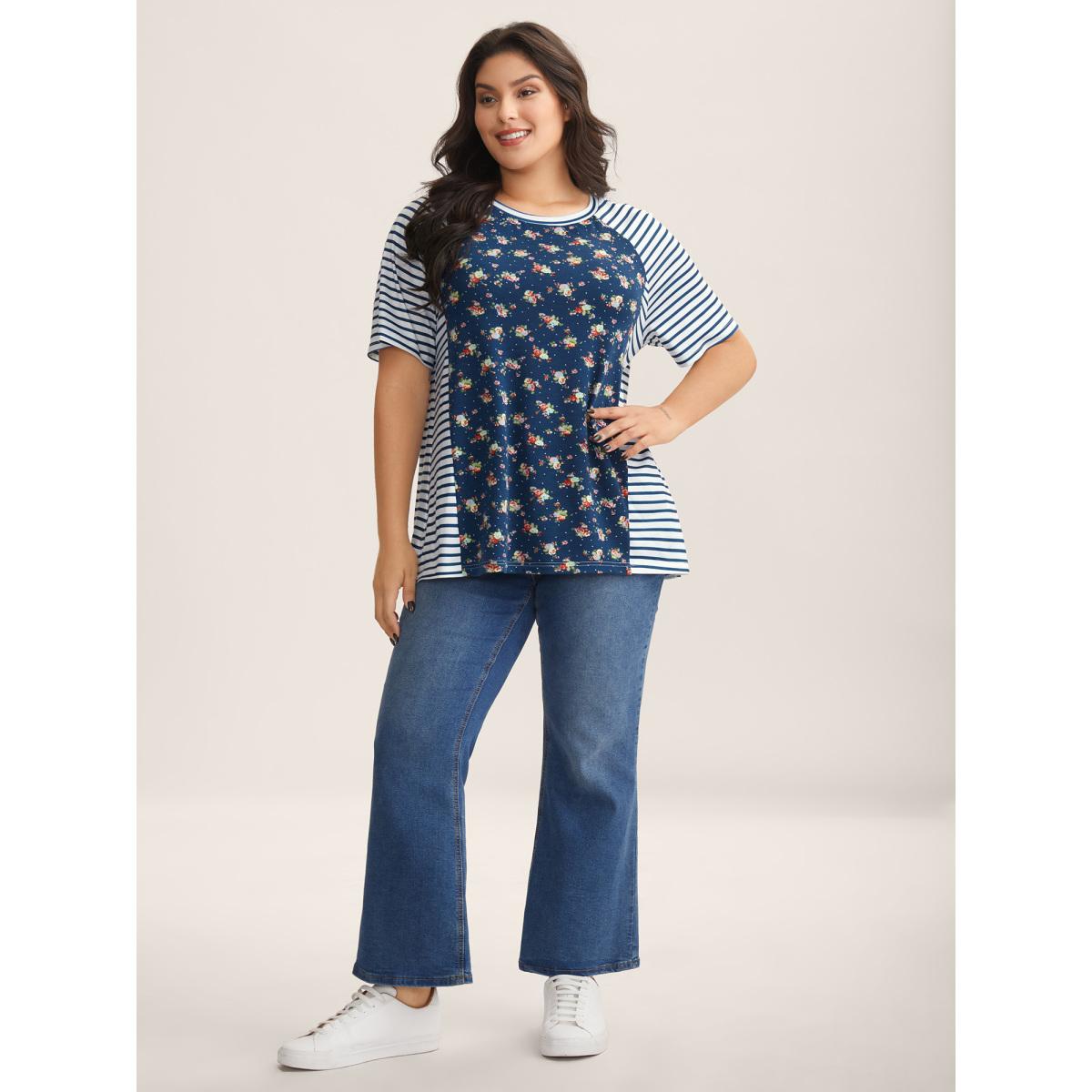 Plus Size Floral Stripes Raglan Sleeve T-Shirt Indigo Women Contrast Round Neck Everyday-Casual T-shirts BloomChic 10/M Product Image