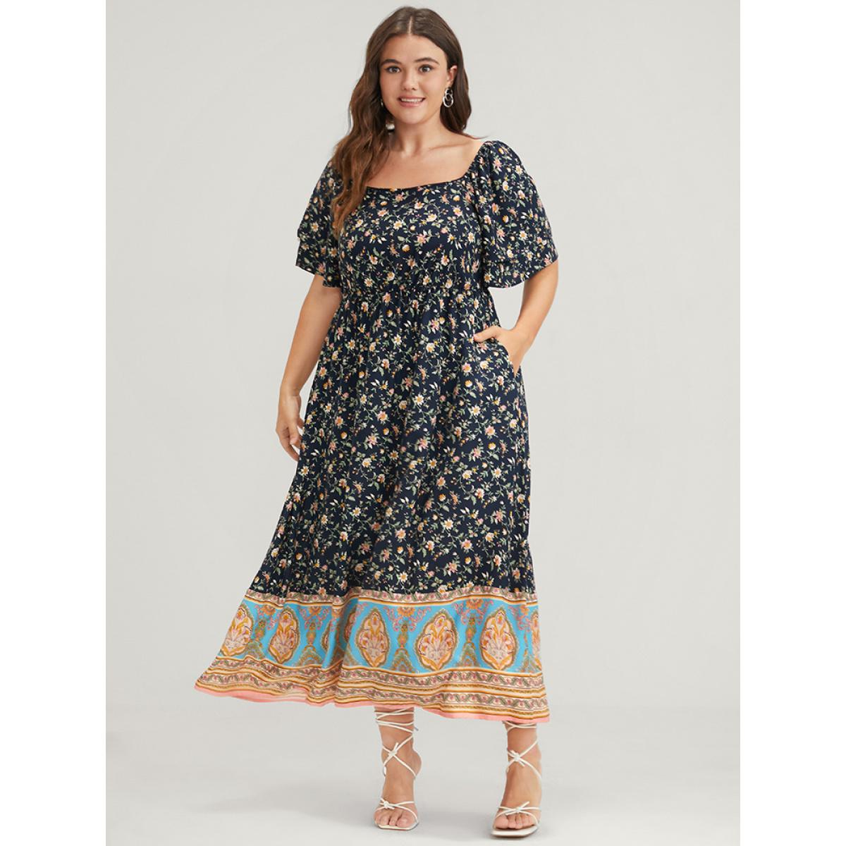 Plus Size Floral Pocket Ruffles Square Neck Midi Dress DarkBlue Women Elegant Elastic Waist Square Neck Short sleeve Curvy Midi Dress BloomChic 22-24/3X Product Image