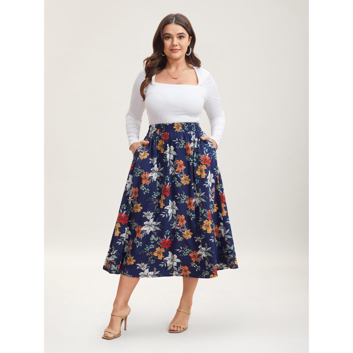 Plus Size Floral Print Drawstring Pleated Midi Skirt Women DarkBlue Elegant Bodycon Low stretch Slanted pocket Everyday Skirts BloomChic 14-16/1X Product Image