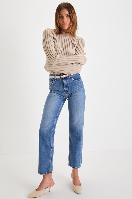 Snuggly Expression Heather Beige Ribbed Mock Neck Sweater Top Product Image