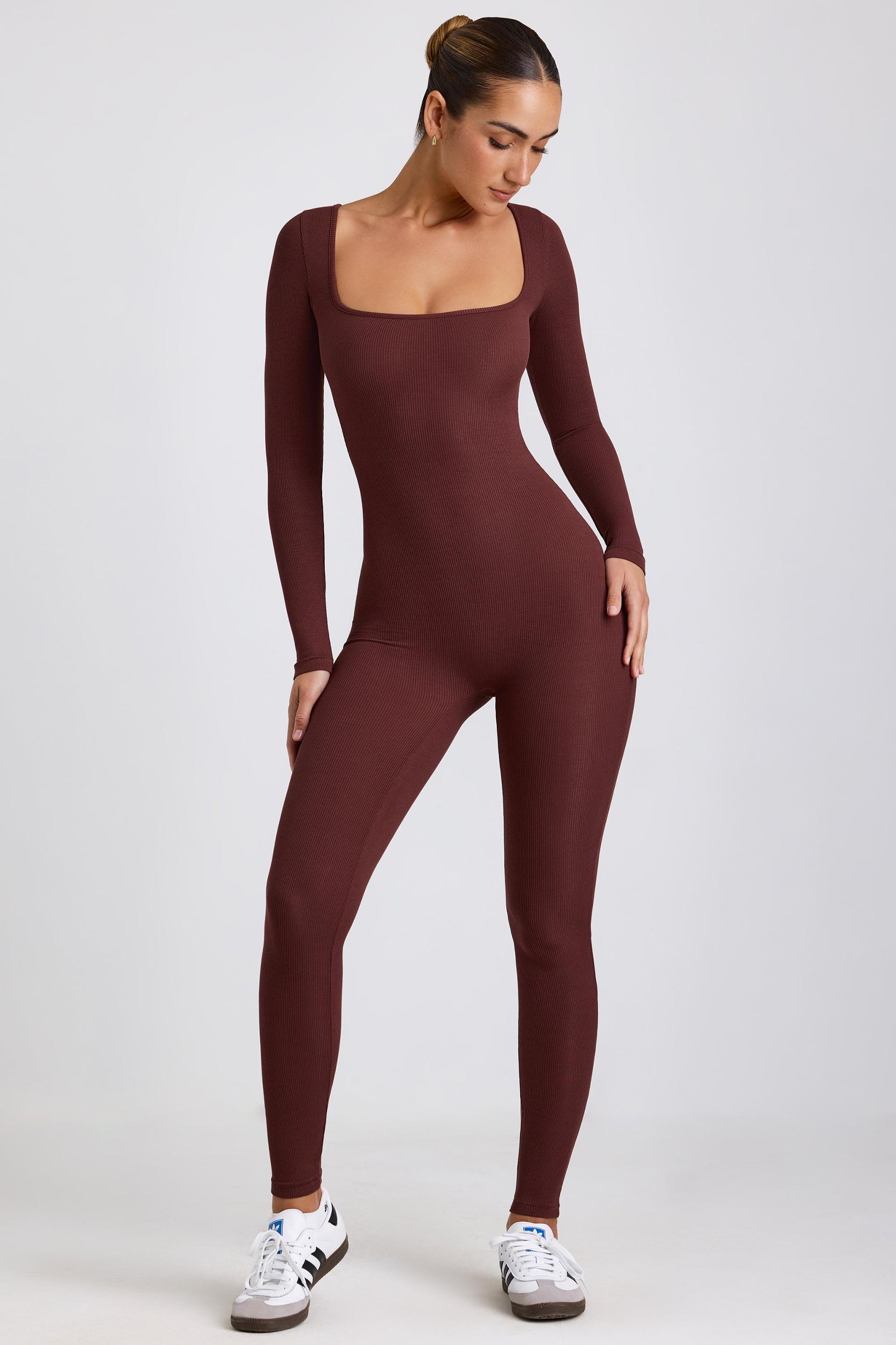 Ribbed Modal Long Sleeve Jumpsuit in Espresso Product Image