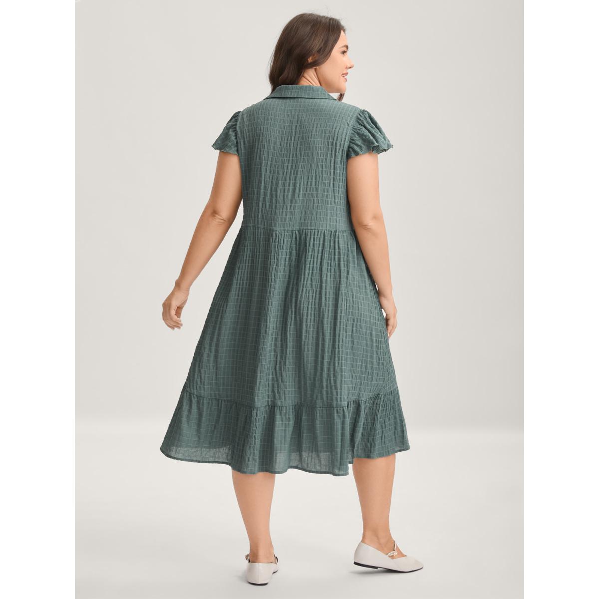 Plus Size Textured Pockets Collar Flutter Sleeve Midi Dress Moss Women Leisure Shirt collar Cap Sleeve Curvy BloomChic 28/5X Product Image
