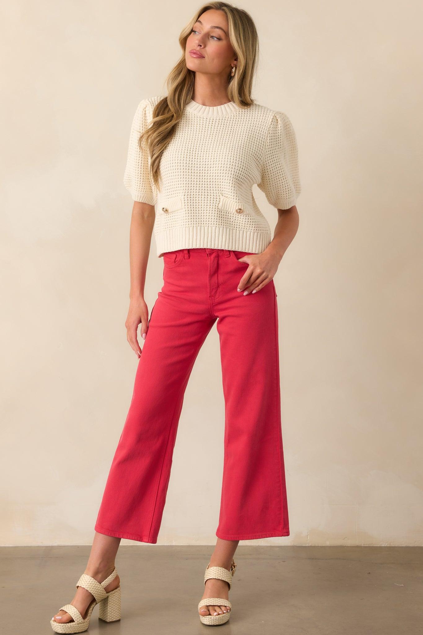 Into The Clouds Red Cropped Wide Leg Jeans Product Image