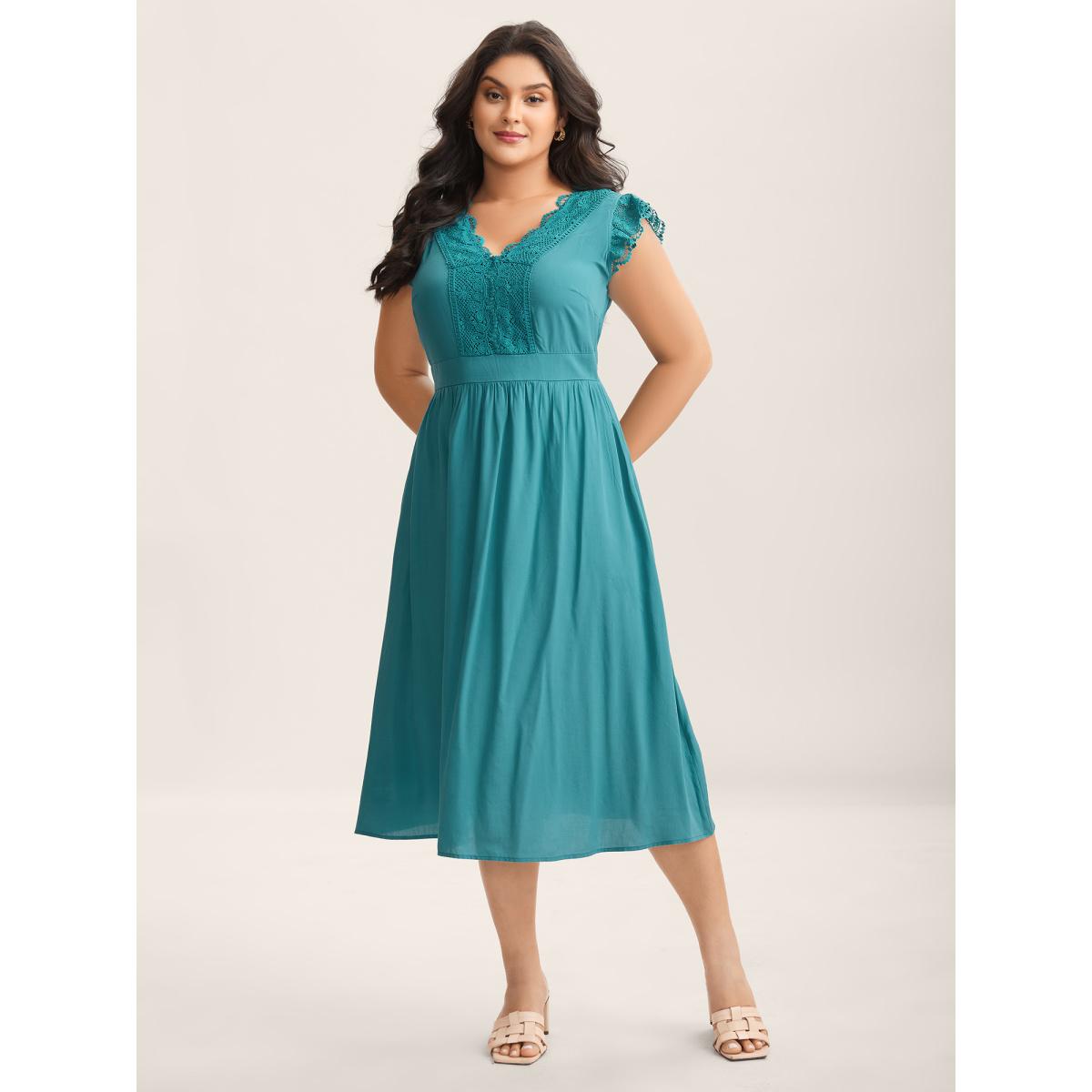 Plus Size Lace Detail Pockets Flutter Sleeve Midi Dress Turquoise Women V-neck Cap Sleeve Curvy BloomChic 10/M Product Image