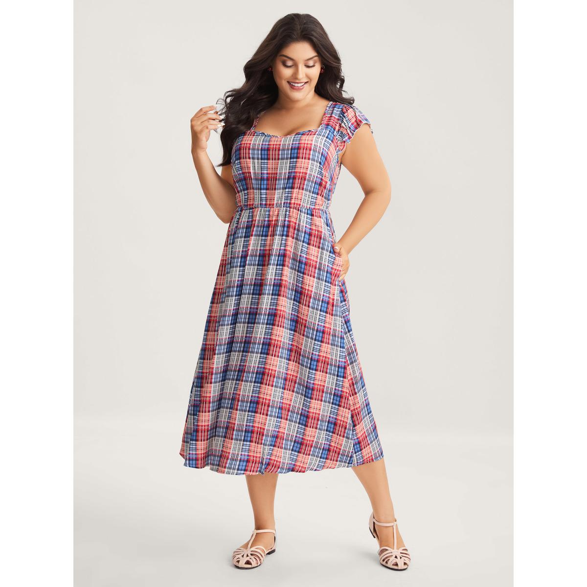 Plus Size Plaid Print Flutter Sleeve Pockets Midi Dress Multicolor Women Heart neckline Cap Sleeve Curvy BloomChic 10/M Product Image