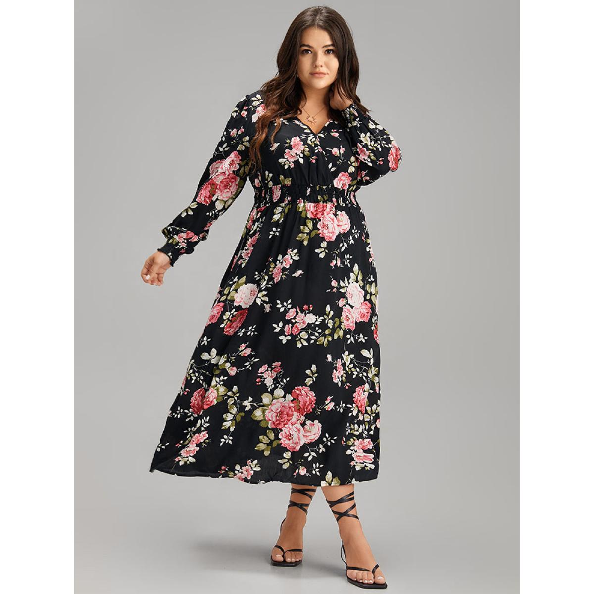 Plus Size Supersoft Essentials Floral Pocket Shirred Dress Black Women Elegant Wrap Overlap Collar Long Sleeve Curvy Midi Dress BloomChic 26/4X Product Image