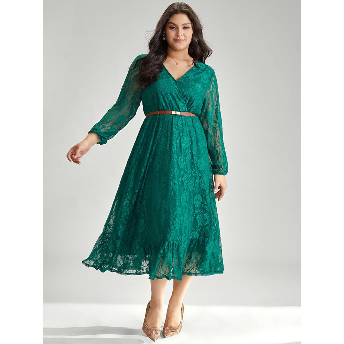 Plus Size Floral Crochet Lace Mesh Overlap Collar Dress Cyan Women Office Elastic cuffs Overlap Collar Long Sleeve Curvy Midi Dress BloomChic 22-24/3X Product Image