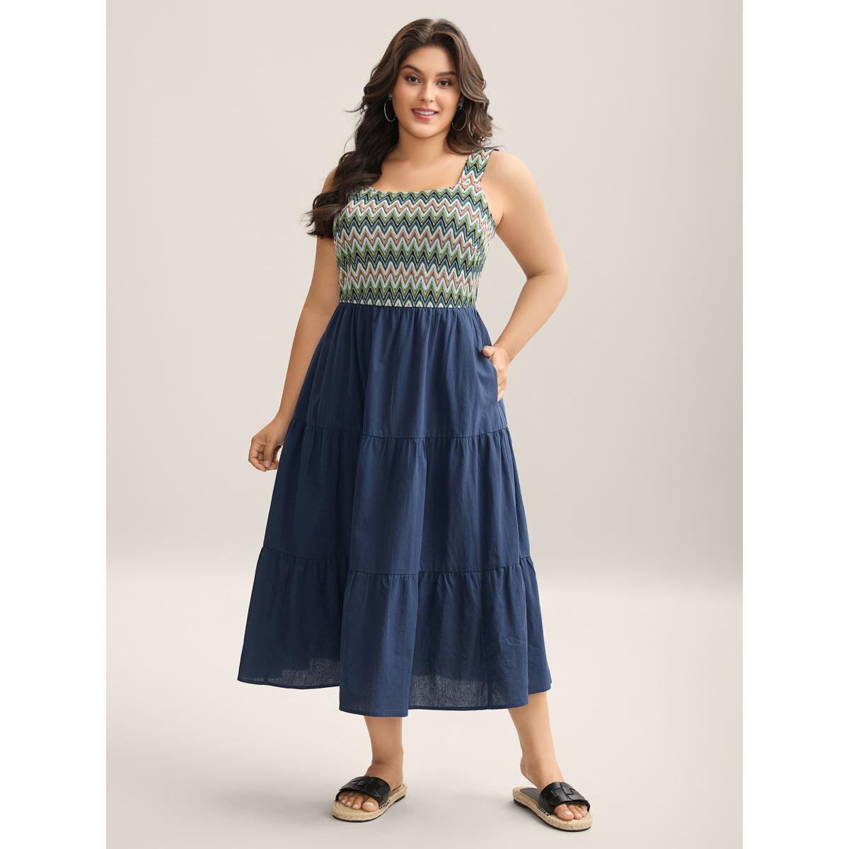 Plus Size Cotton Crochet Stretchy Waist Pockets Midi Dress Navy Women Boho Square Neck Cap Sleeve Curvy BloomChic 14-16/1X Product Image