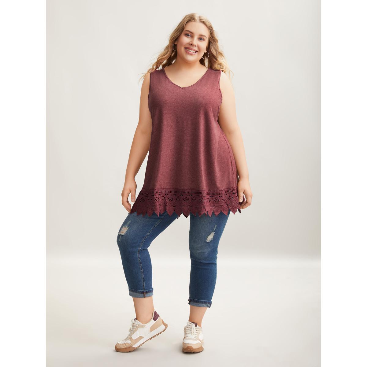 Plus Size Heathered Stretchy Lace Hem Sleeveless Top Women Russet Elegant Patchwork V-neck Everyday Tank Tops Camis BloomChic 10/M Product Image