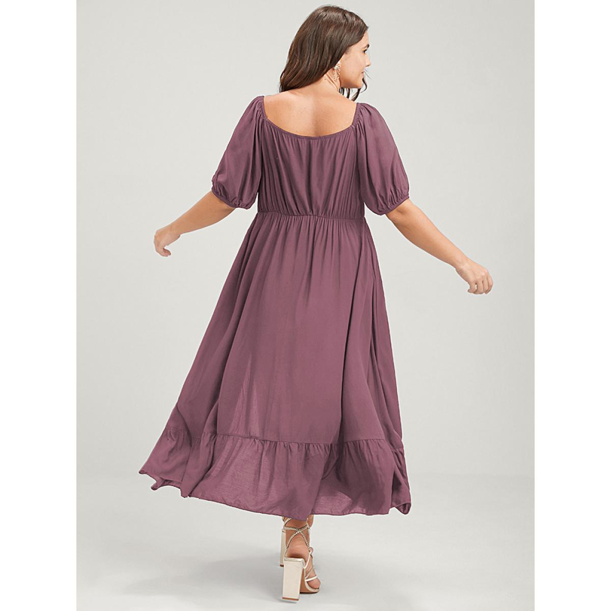 Plus Size Solid Pocket Lantern Sleeve Ruffles Ties Square Neck Maxi Dress DustyPink Women Elegant Plain Square Neck Half Sleeve Curvy Long Dress BloomChic 14-16/1X Product Image