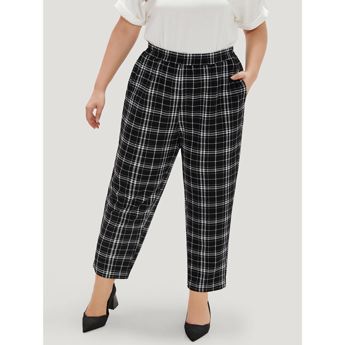 Plus Size Plaid Elastic Waist Straight Leg Pants Women Black Work From Home Straight Leg High Rise Work Pants BloomChic 22-24/3X Product Image