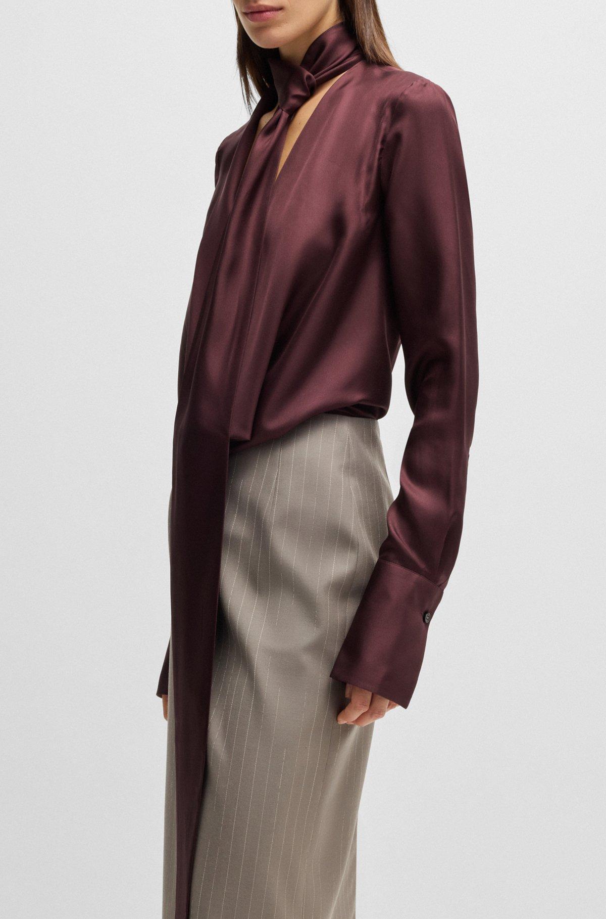 BOSS - Regular-fit blouse in silk twill with scarf neckline - Light Brown Product Image