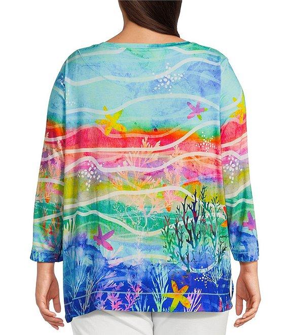 Ali Miles Plus Size Knit Aquatic Style Print Round Neck 3/4 Sleeve Tunic Product Image