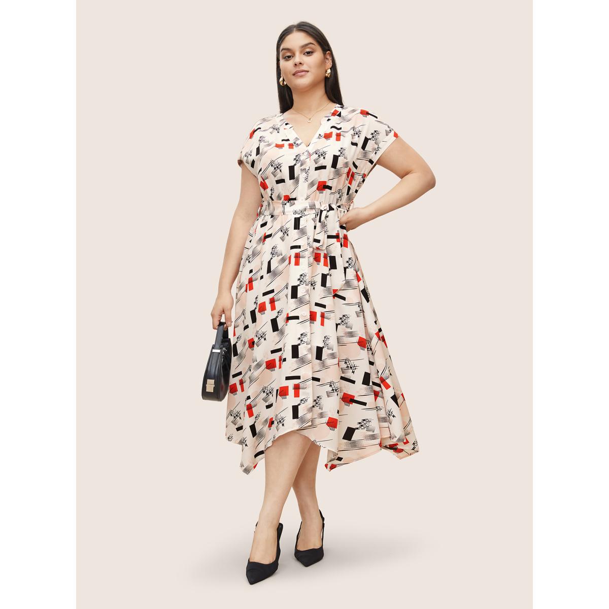 Plus Size Geometric Flat Collar With V Notch Batwing Sleeve Dress Multicolor Women At the Office Belted Flat collar with V-notch Short sleeve Curvy Midi Dress BloomChic 18-20/2X Product Image