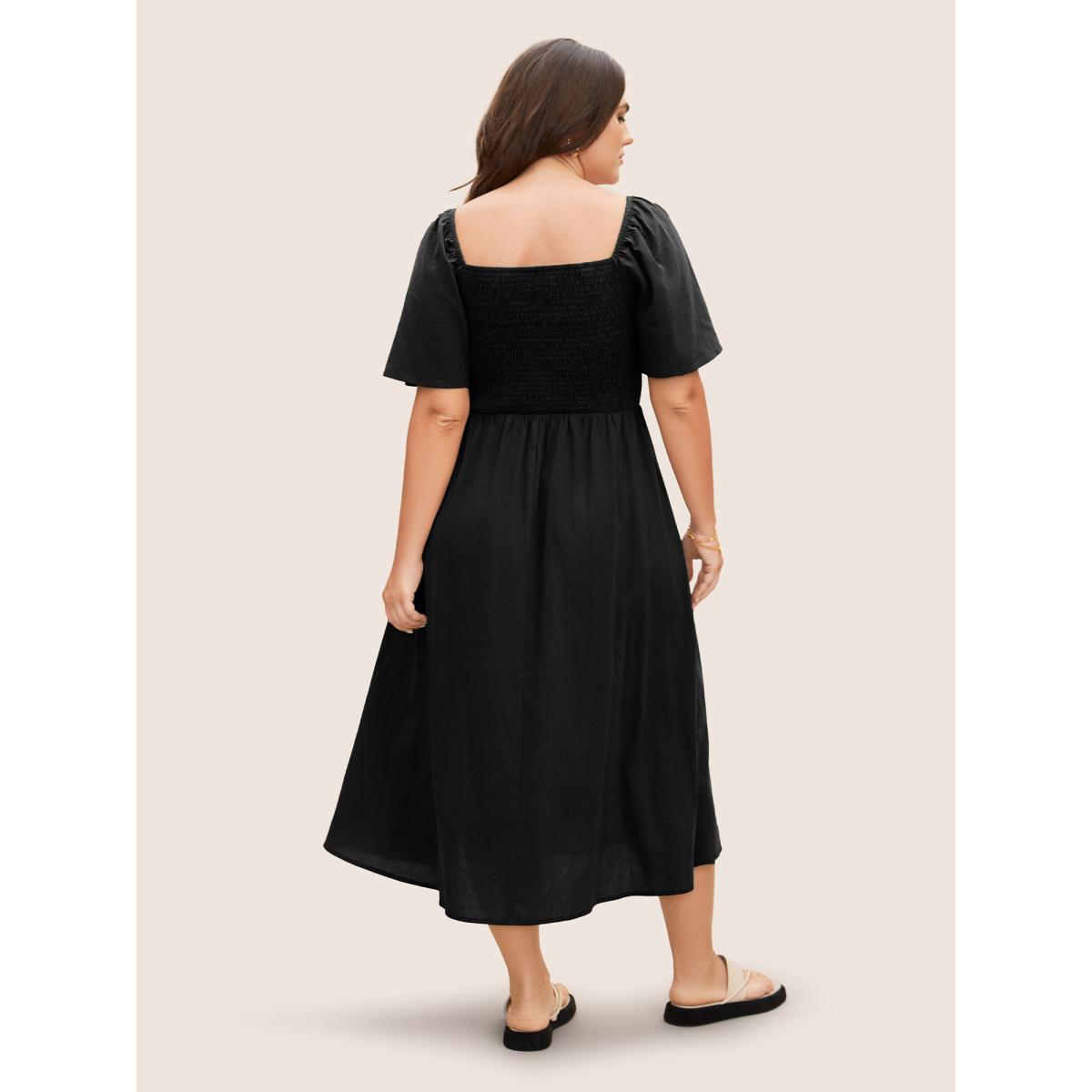 Plus Size Cotton Square Neck Shirred Ruffle Sleeve Split Hem Dress Black Women Casual Gathered Square Neck Short sleeve Curvy BloomChic 22-24/3X Product Image