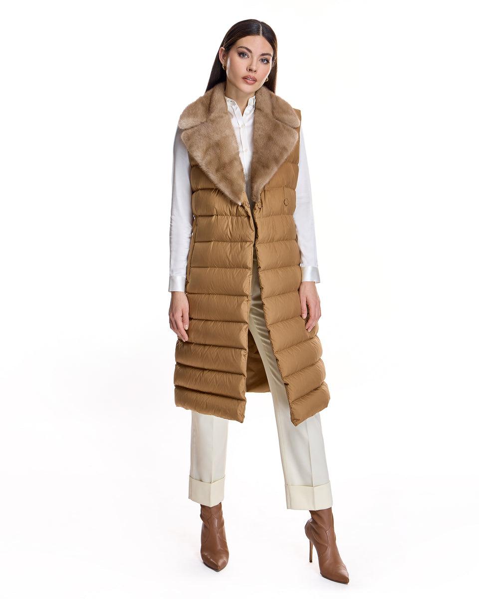 Belted Polyester Vest with Natural Mink Collar Product Image