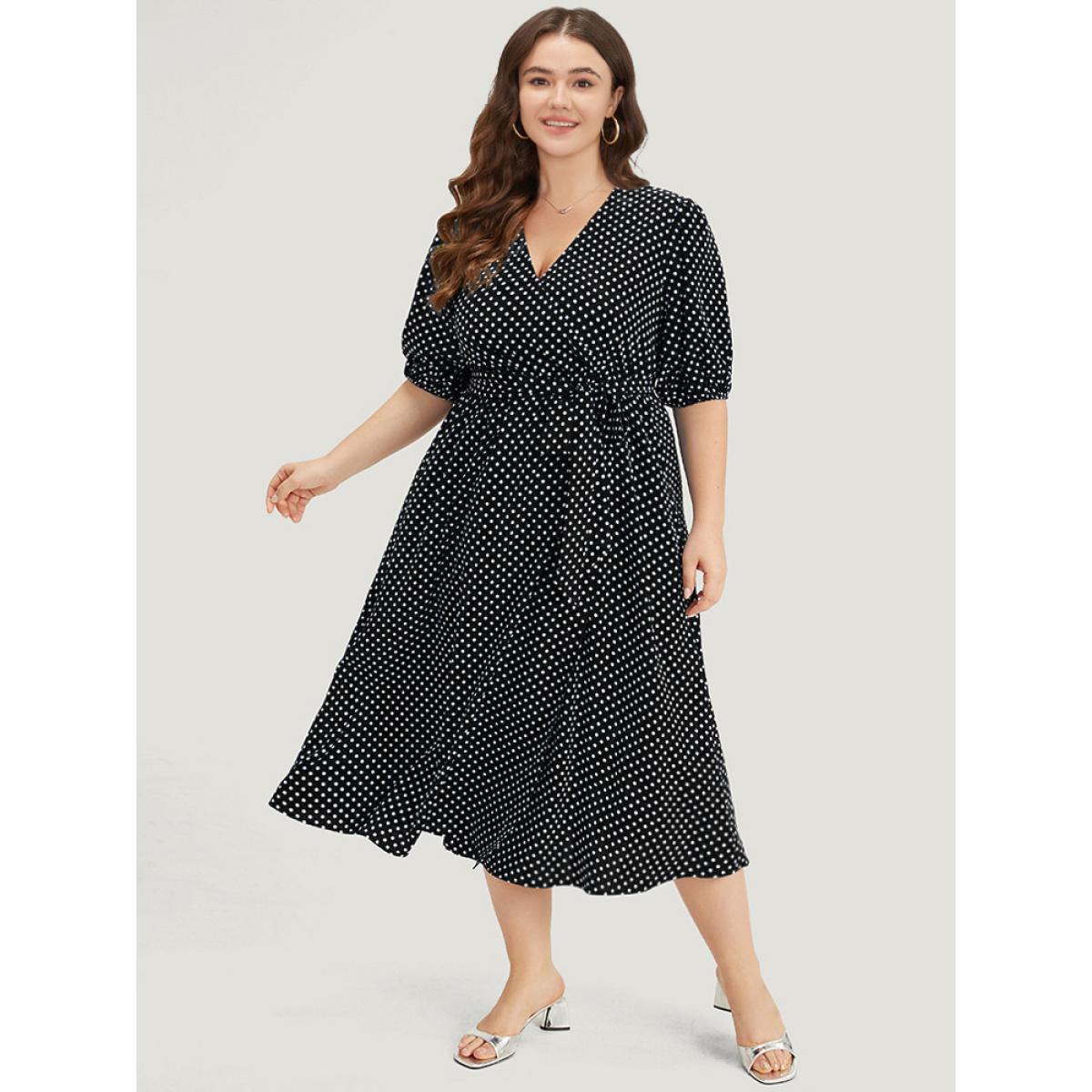 Plus Size Polka Dot Belted Lantern Sleeve Surplice Neck Dress Black Women Office Elastic cuffs V-neck Short sleeve Curvy Midi Dress BloomChic 14-16/1X Product Image