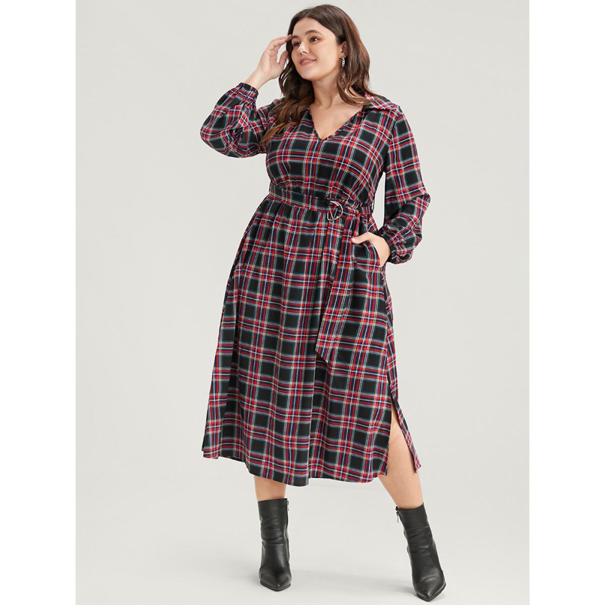 Plus Size Tartan Lantern Sleeve Pocket Belted Midi Dress Russet Women Elegant Elastic Waist Lapel Collar Long Sleeve Curvy Midi Dress BloomChic 14-16/1X Product Image