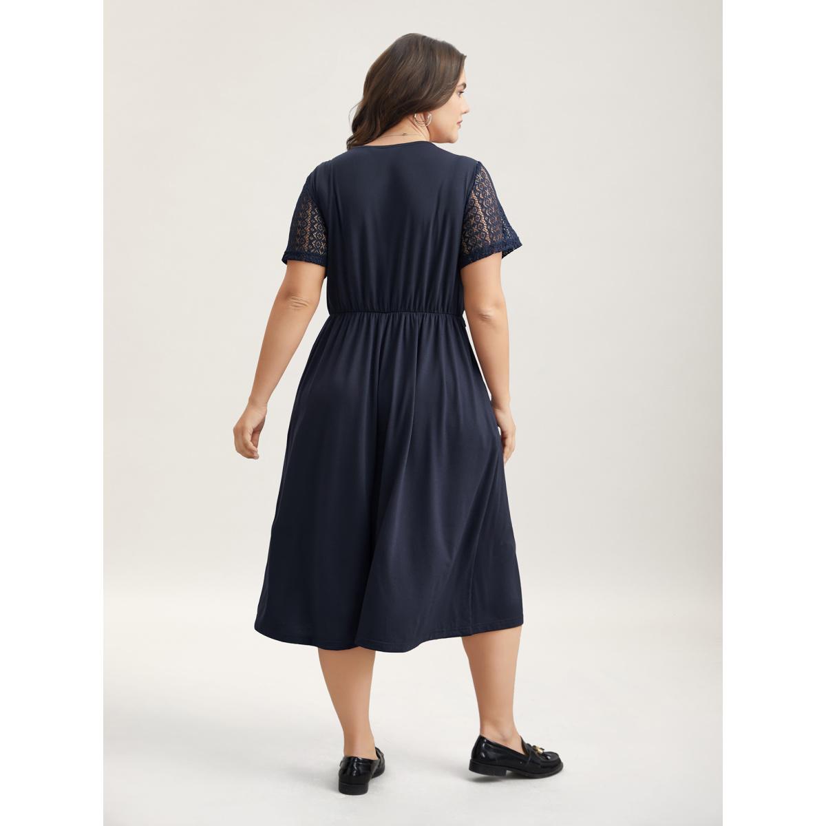 Plus Size 2-in-1 Spliced Button-Front Midi Dress DarkBlue Women Casual Woven ribbon&lace trim Round Neck Short sleeve Curvy BloomChic 18-20/2X Product Image