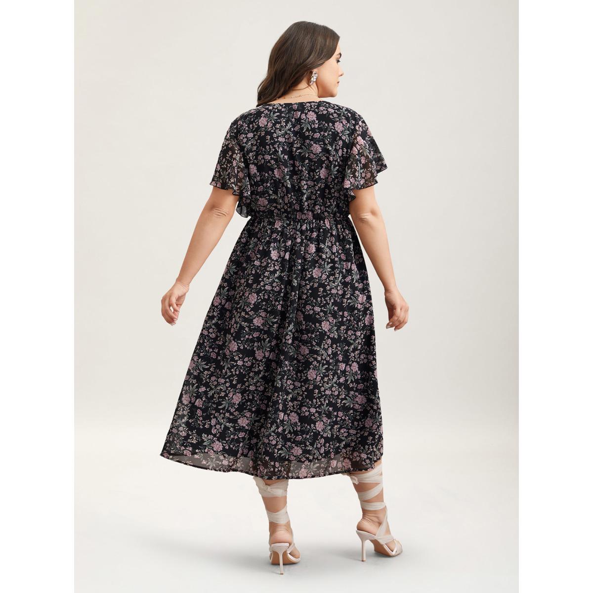 Plus Size Chiffon Floral Print Ruffled Midi Dress BlackFlower Women Romantic Ruffles Round Neck Short sleeve Curvy BloomChic 22-24/3X Product Image