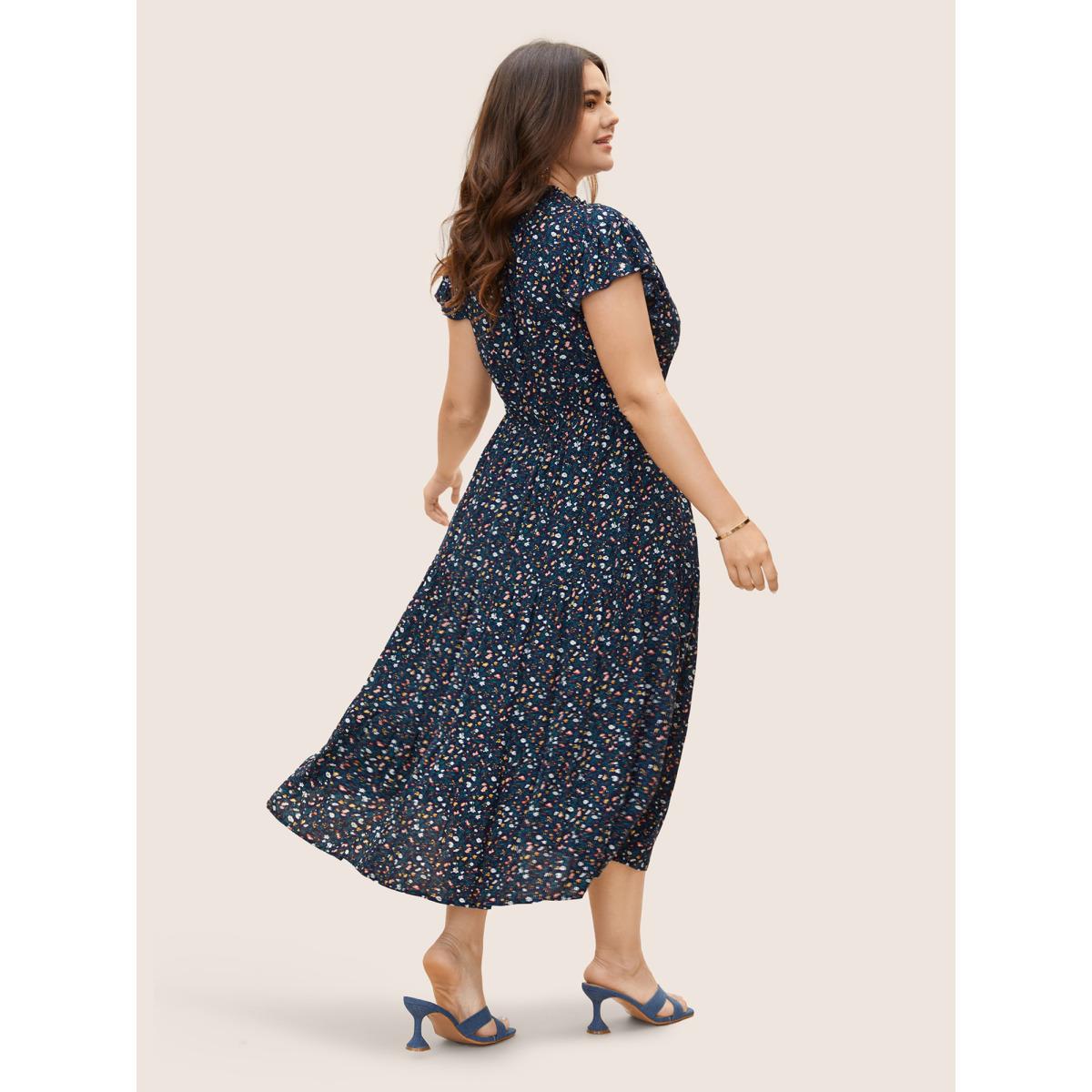 Plus Size Ditsy Floral Ruffle Cap Sleeve Dress Navy Women Elegant Frill Trim Mock Neck Cap Sleeve Curvy BloomChic 30/6X Product Image