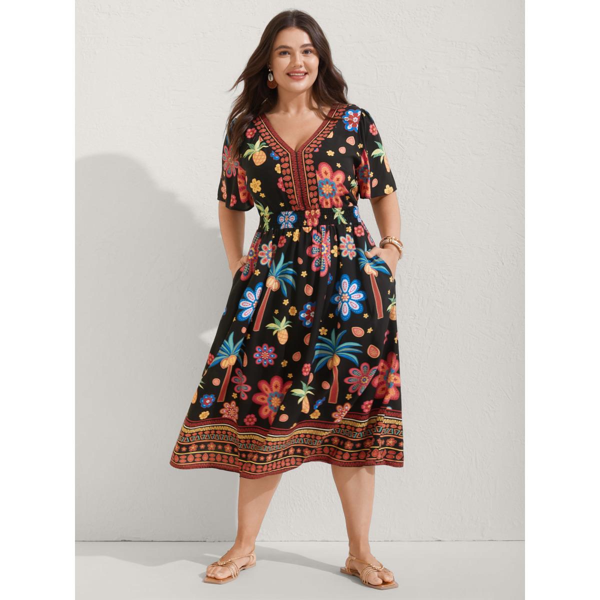 Plus Size Rayon Tropical Floral Shirred Waist Midi Dress Black Women V-neck Short sleeve Curvy BloomChic 28/5X Product Image