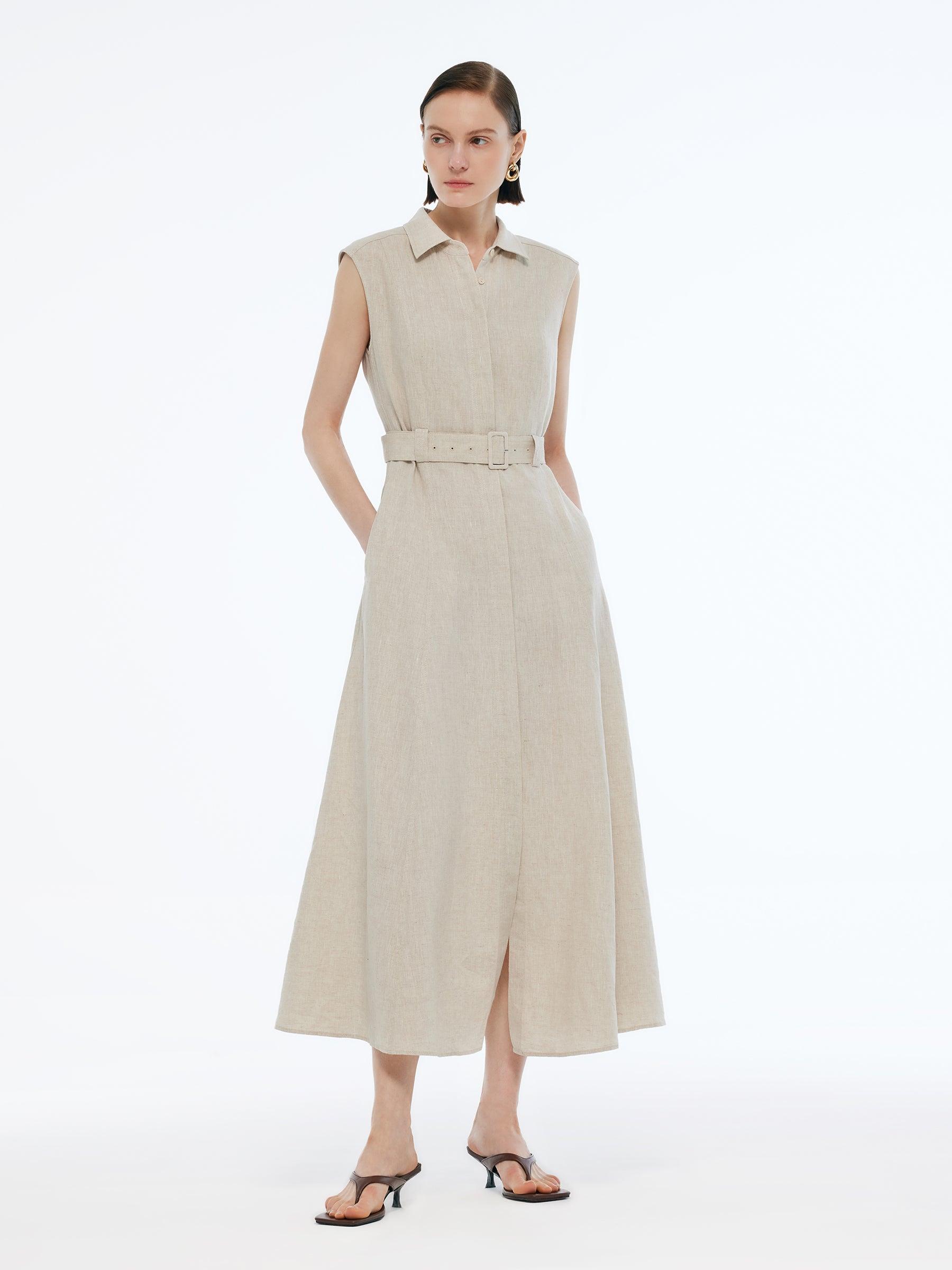 100% Linen Women Vest Maxi Shirt Dress With Belt Product Image