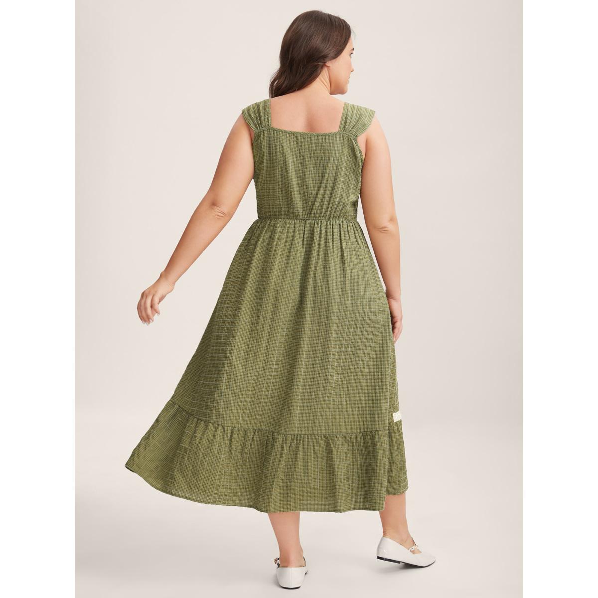 Plus Size Plaid Shirred Lace Trim Tiered Maxi Dress Moss Women Leisure Square Neck Cap Sleeve Curvy BloomChic 10/M Product Image