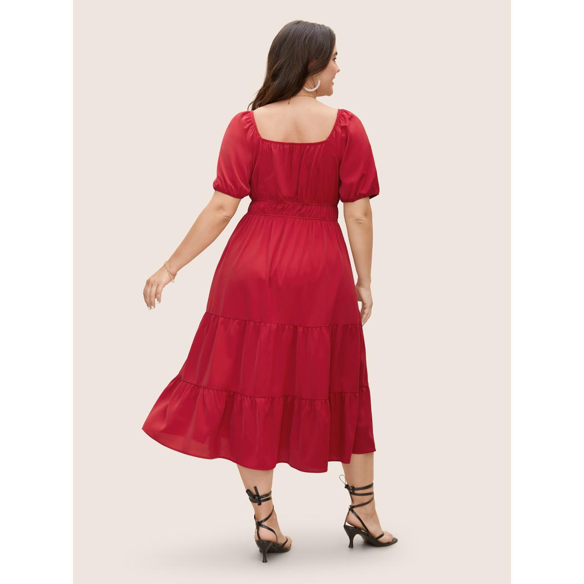 Plus Size Heart Neckline Bowknot Ruffle Trim Midi Dress Crimson Women Elegant Tie knot Heart neckline Short sleeve Curvy BloomChic 22-24/3X Product Image
