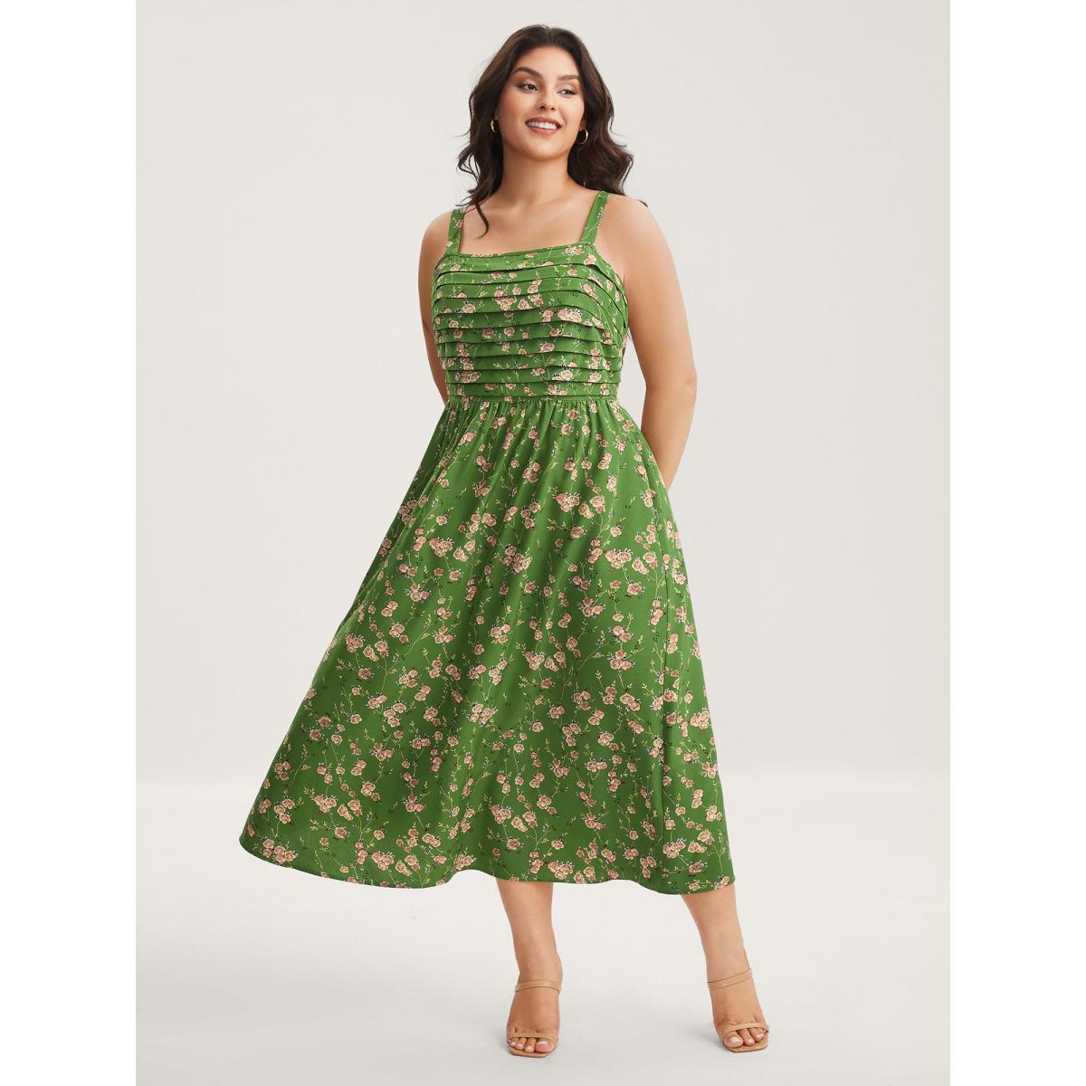 Plus Size Breezy Floral Pleated Pockets Midi Dress Emerald Women Non Sleeveless Curvy BloomChic 22-24/3X Product Image
