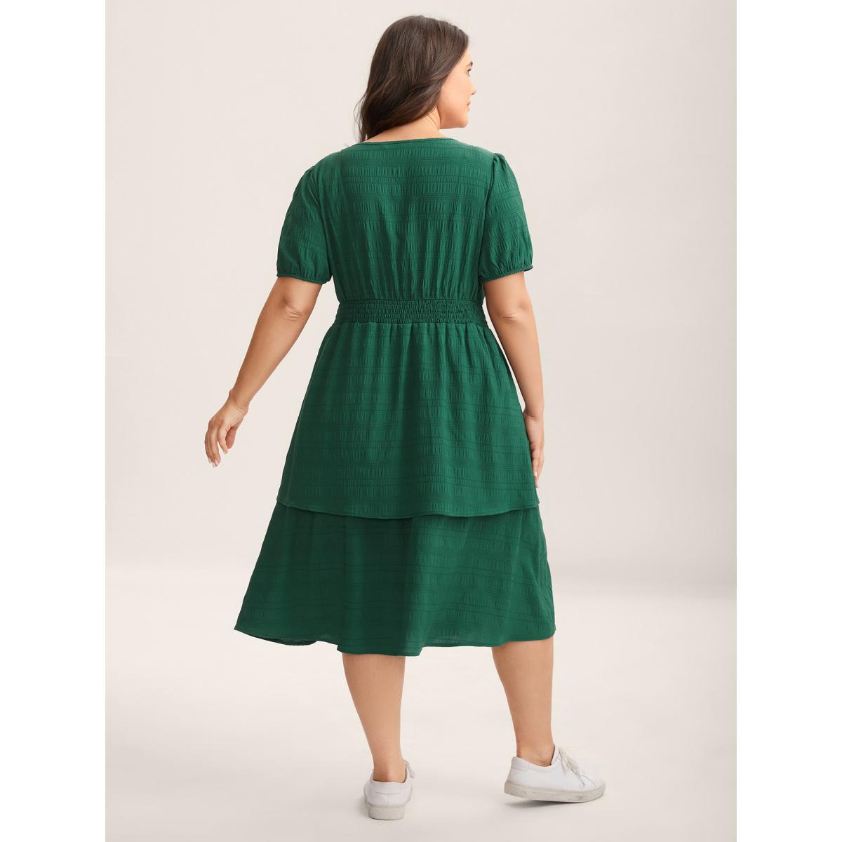 Plus Size Neck Tie Textured Layered Hem Midi Dress DarkGreen Women Square Neck Short sleeve Curvy BloomChic 18-20/2X Product Image