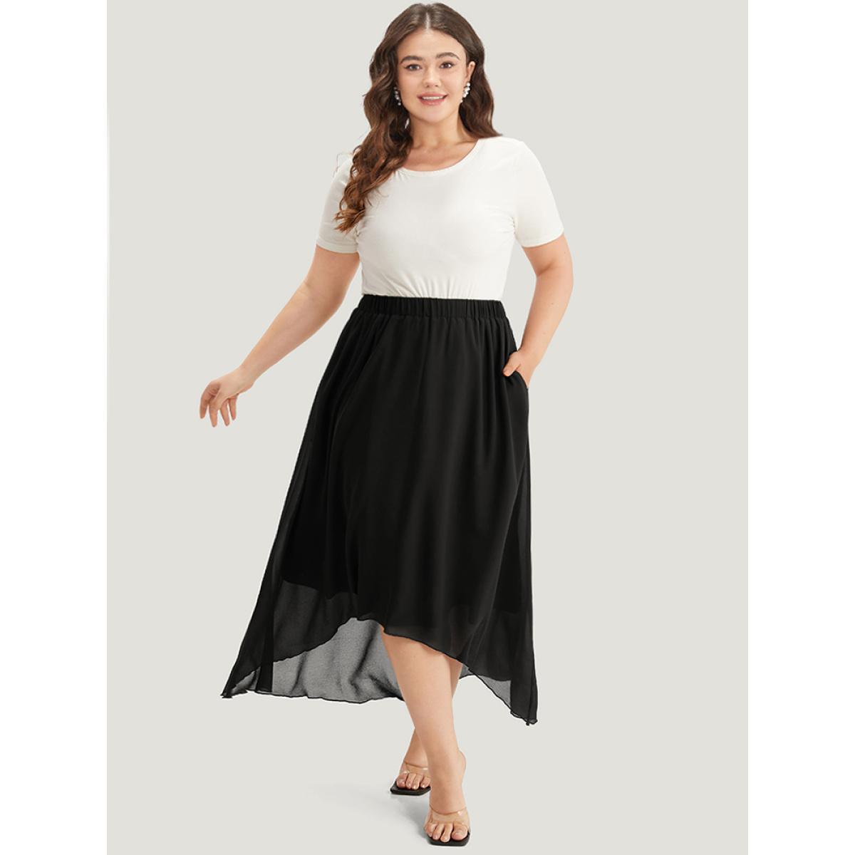 Plus Size Plain Elastic Waist Pocket Mesh High Low Hem Skirt Women Black Elegant Elastic Waist Loose Low stretch Dailywear Skirts BloomChic 10/M Product Image
