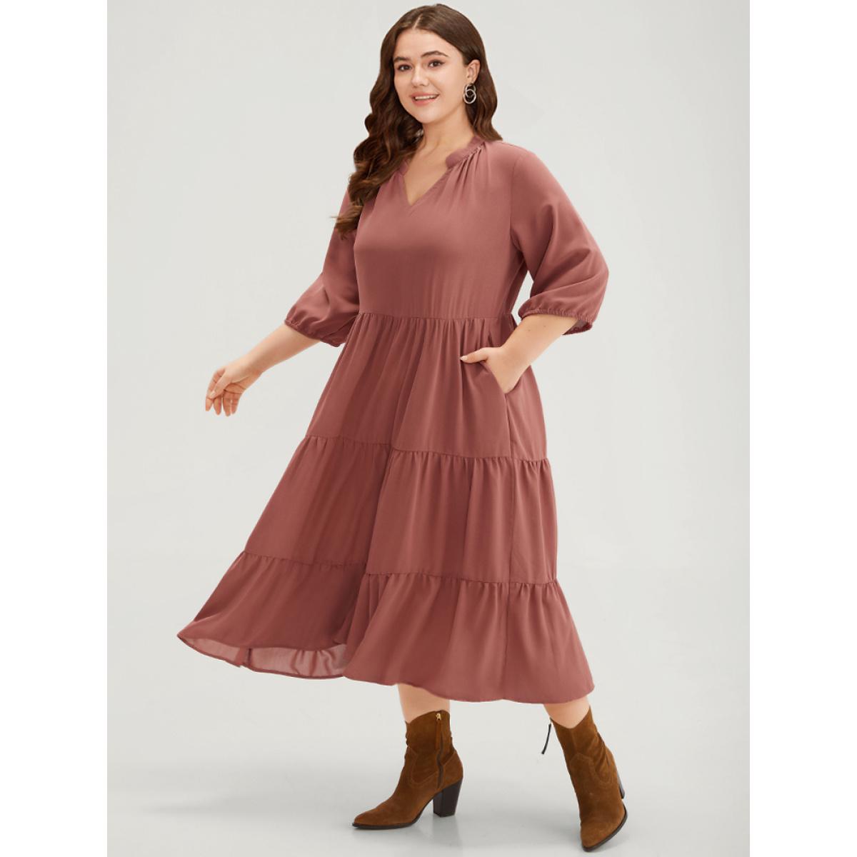 Plus Size Solid Notched Lantern Sleeve Layered Hem Dress Salmon Women Casual Elastic cuffs Notched collar Elbow-length sleeve Curvy Midi Dress BloomChic 14-16/1X Product Image