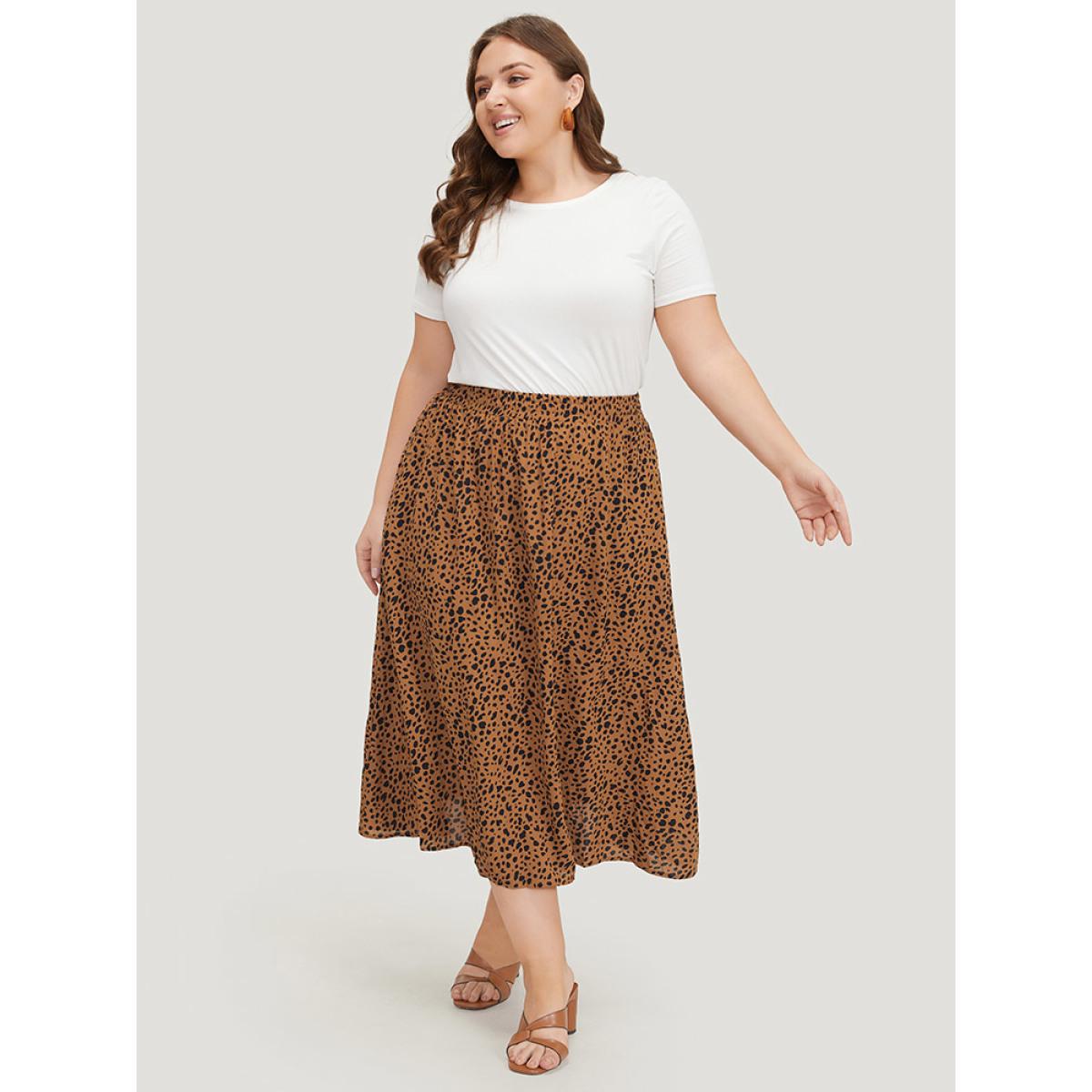 Plus Size Leopard Print Pocket Shirred Waist Skirt Women Leopard Elegant Pocket No stretch Pocket Dailywear Skirts BloomChic 26/4X Product Image