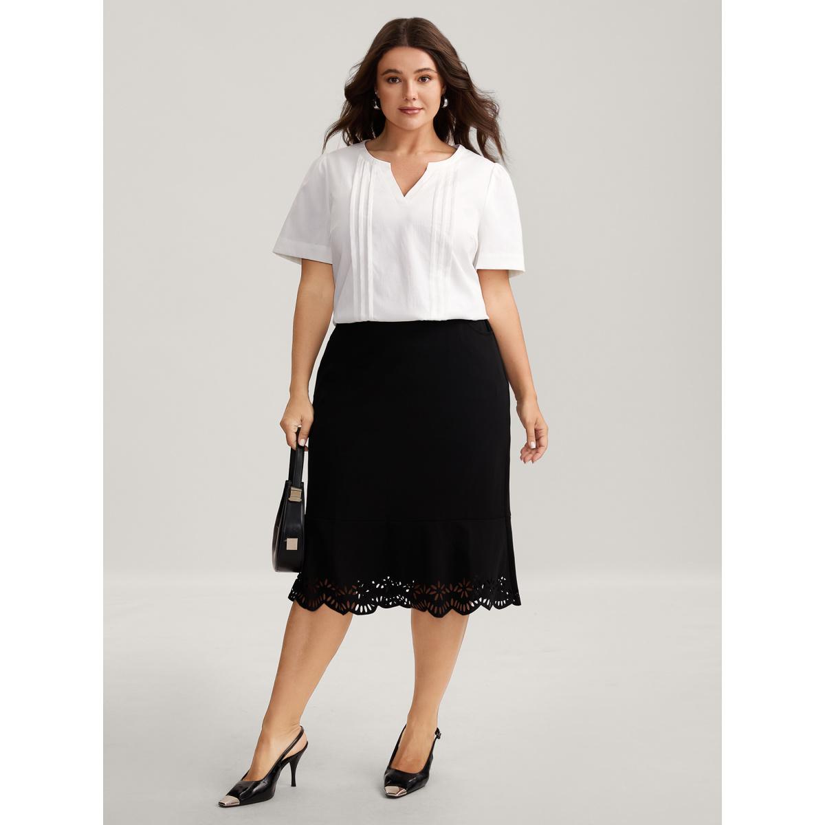 Plus Size Ivory Toothpick Pleats Notched Collar Solid Blouse Women Office Short sleeve Notched collar Office Blouses BloomChic 22-24/3X Product Image
