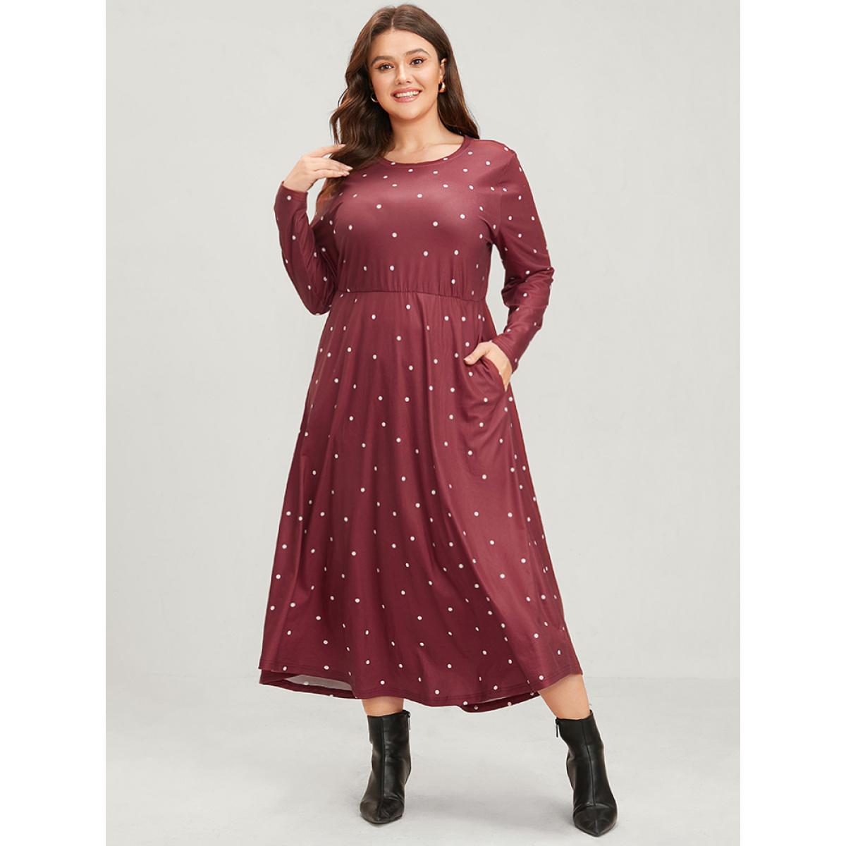 Plus Size Polka Dot Pocket Round Neck Midi Dress DustyPink Women Elegant Pocket Round Neck Long Sleeve Curvy Midi Dress BloomChic 14-16/1X Product Image