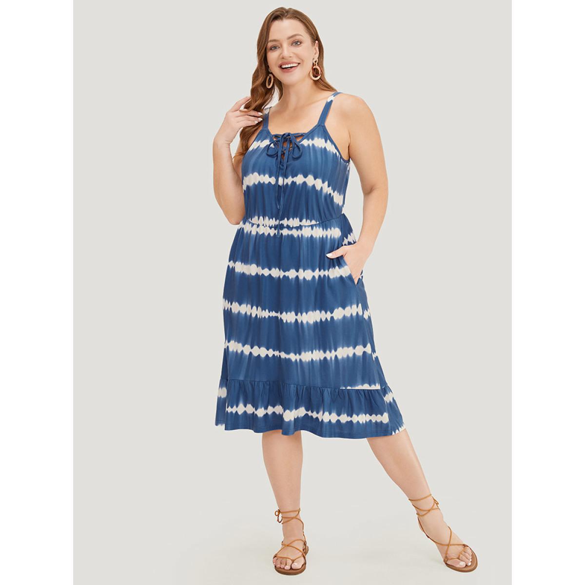 Plus Size Tie Dye Lace Up Pocket Striped Cami Dress Indigo Women Vacation Adjustable Straps Spaghetti Strap Sleeveless Curvy Midi Dress BloomChic 12/L Product Image