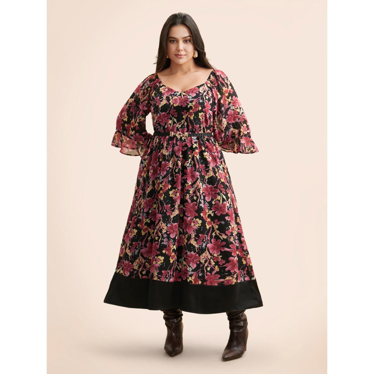 Plus Size Heart Neckline Floral Mesh Patchwork Dress Black Women Elegant See through Heart neckline Elbow-length sleeve Curvy BloomChic 28/5X Product Image
