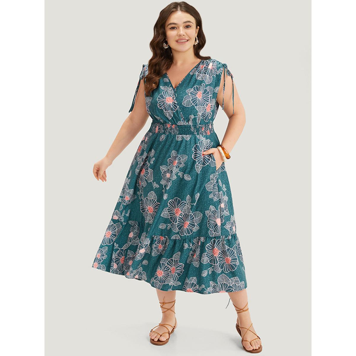 Plus Size Floral Print Shirred Overlap Collar Drawstring Dress Teal Women Vacation Printed V-neck Short sleeve Curvy Midi Dress BloomChic 28/5X Product Image