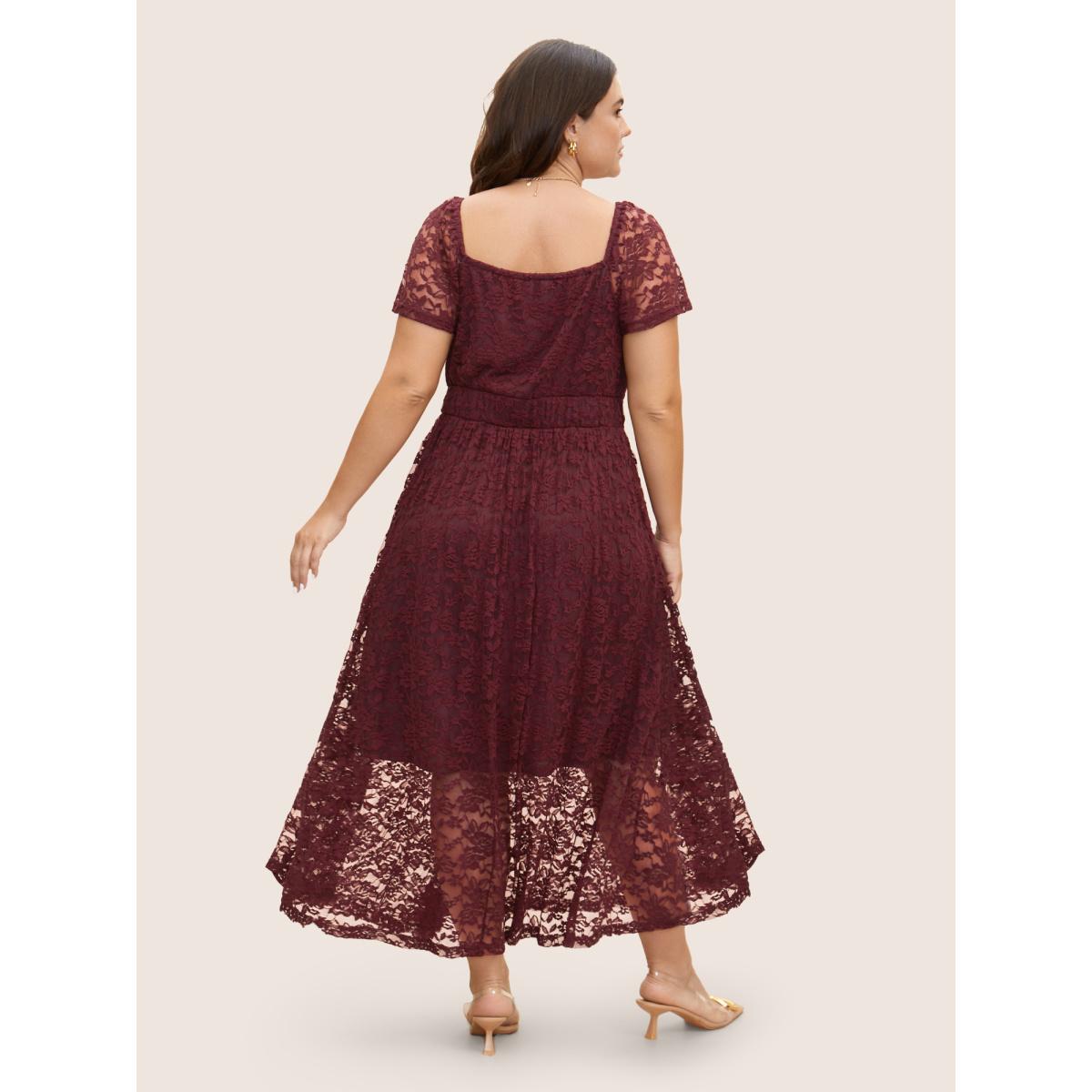 Plus Size Heart Neckline Crochet Lace Mesh Flutter Sleeve Dress Burgundy Women Elegant Woven ribbon&lace trim Heart neckline Cap Sleeve Curvy BloomChic 22-24/3X Product Image