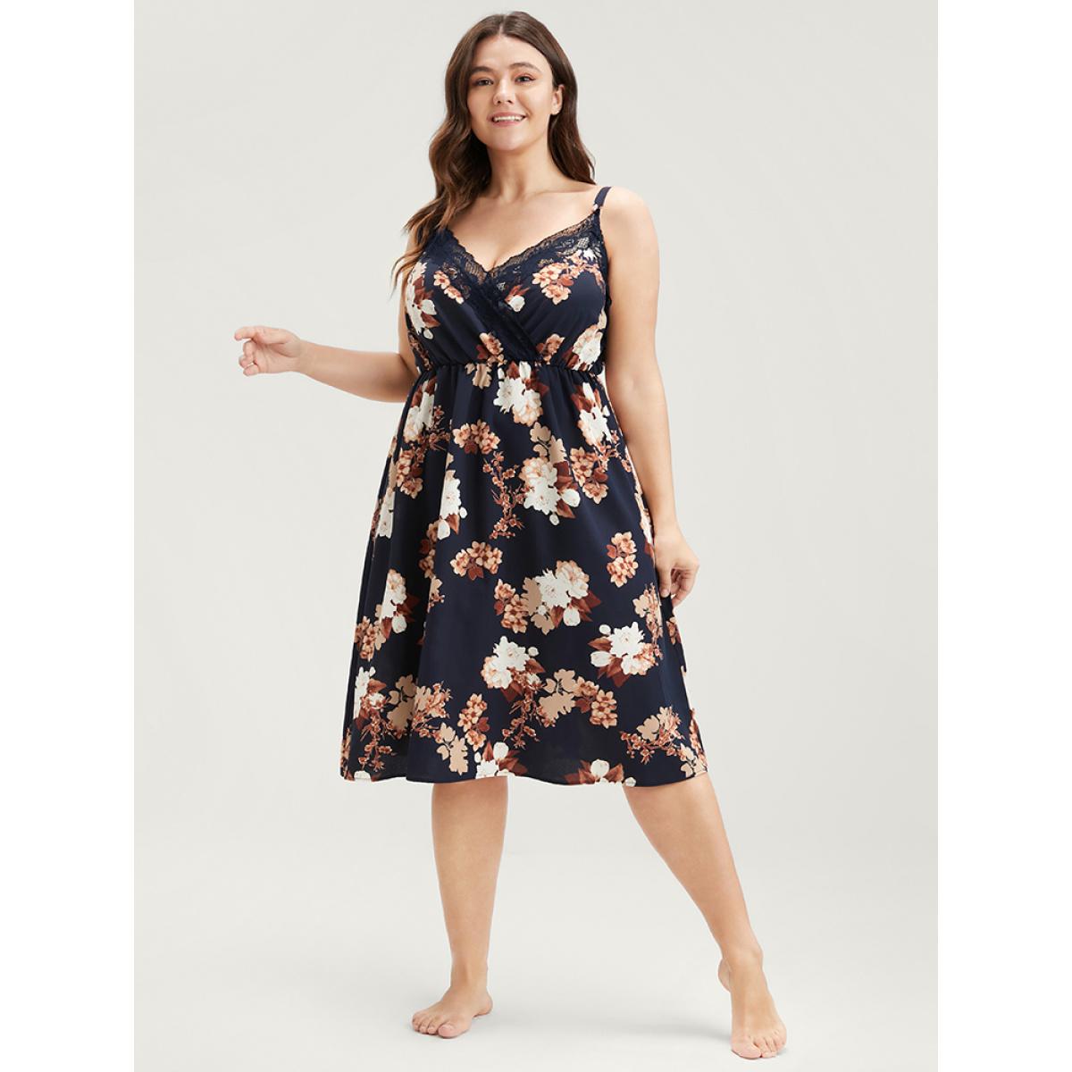 Plus Size Floral Wrap Lace Trim Cami Night Dress Women DarkBlue Elegant Floral Elastic Waist V-neck Loungewear BloomChic 30/6X Product Image