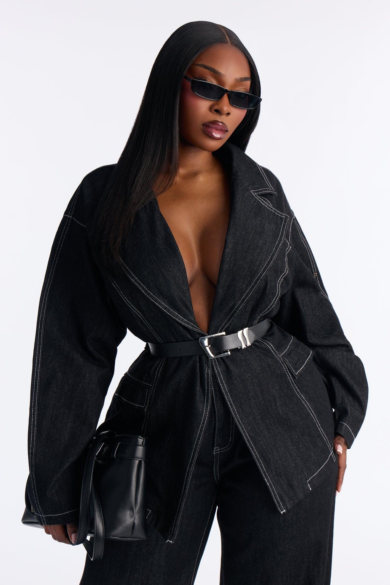 Power Stitched Belted Denim Pant Set - Dark Denim Female Product Image