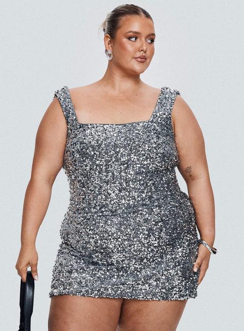 Miss Me Sequin Mini Dress Silver Curve Product Image