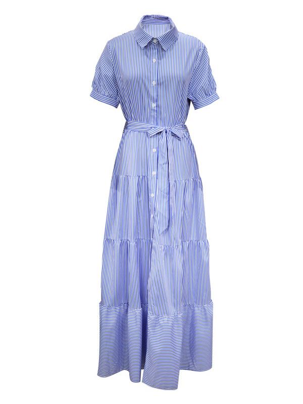 Loose Short Sleeves Striped Lapel Maxi Dresses Product Image