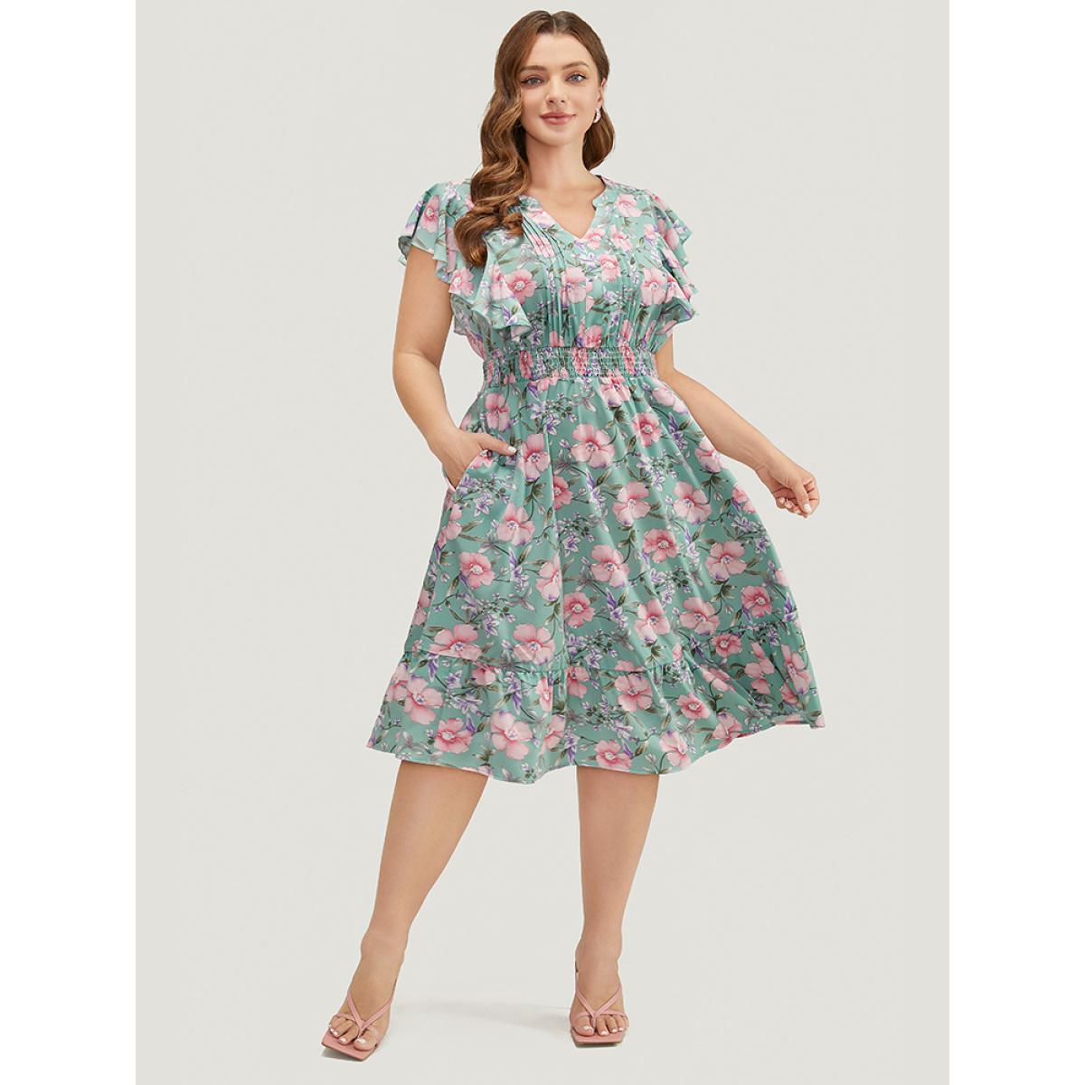 Plus Size Floral Pleated Shirred Notched Pocket Ruffle Trim Shirred Dress Mint Women Elegant Pleated Notched collar Cap Sleeve Curvy Midi Dress BloomChic 30/6X Product Image