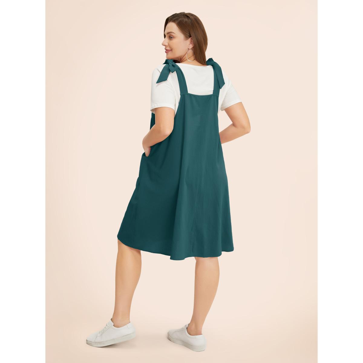 Plus Size Solid Pleated Hem Pocket Tie Shoulder Overall Dress Cyan Women Casual Pleated Spaghetti Strap Sleeveless Curvy Knee Dress BloomChic 28/5X Product Image