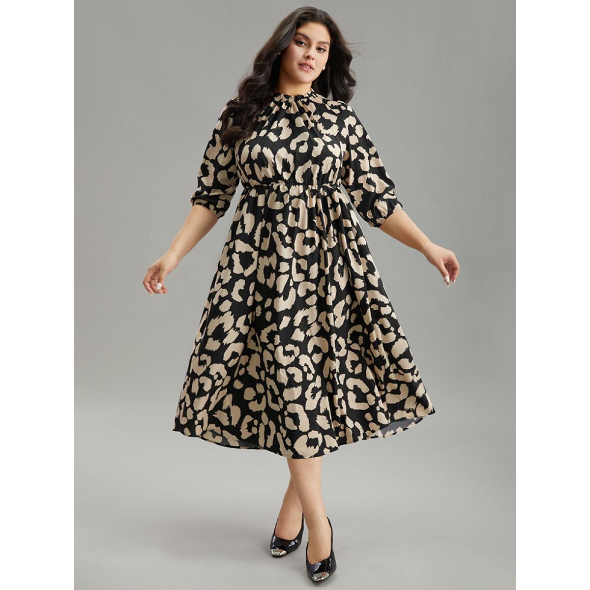 Plus Size Geometric Mock Neck Elastic Waist Pleated Dress DarkBrown Women Office Elastic cuffs Mock Neck Elbow-length sleeve Curvy Midi Dress BloomChic 30/6X Product Image