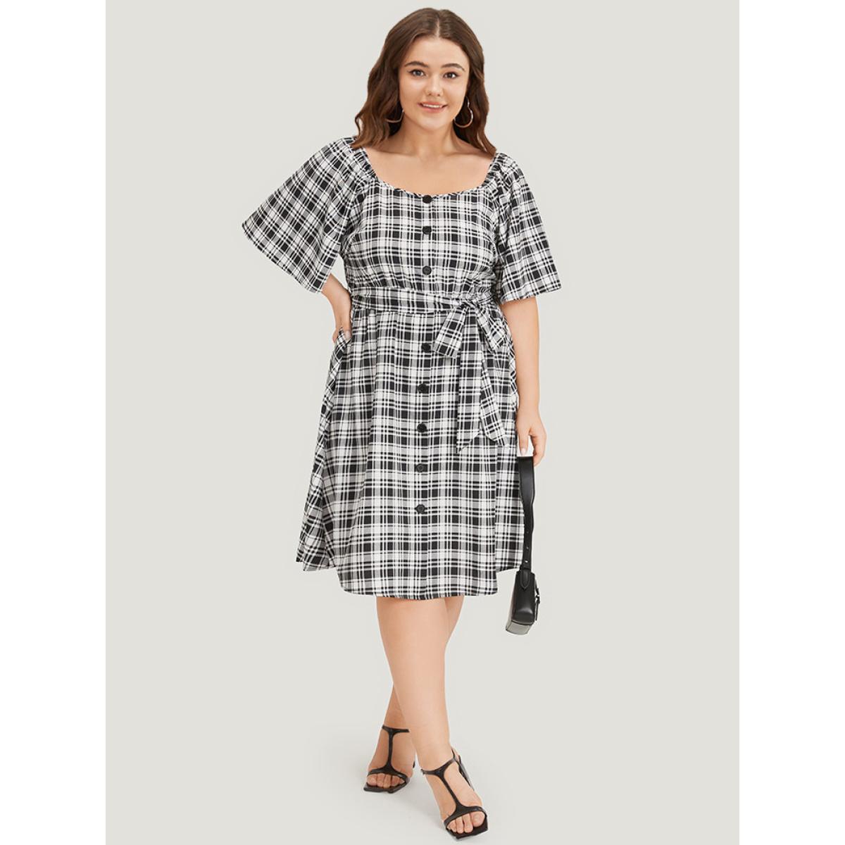 Plus Size Plaid Belted Pocket Button Detail Square Neck Dress Black Women Office Belted Square Neck Short sleeve Curvy Midi Dress BloomChic 26/4X Product Image