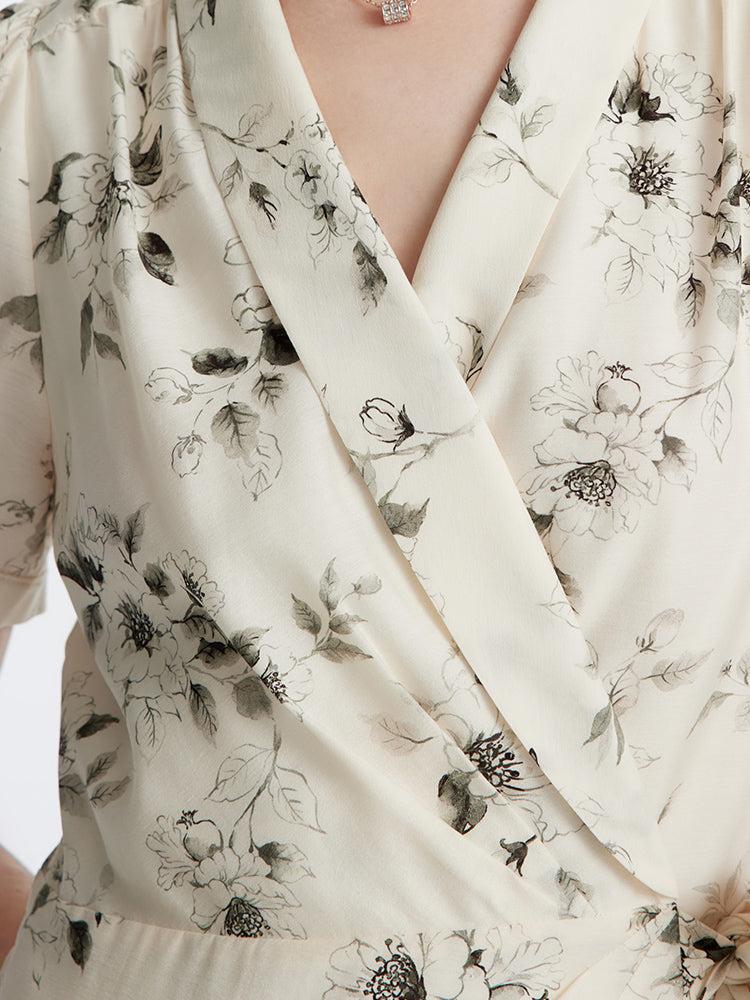 Acetate Ink Floral Print Wrap Midi Dress Product Image